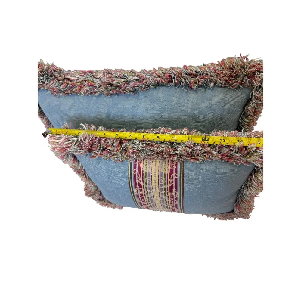 Blue Damask Lumbar Throw Pillows Down Filled Set of 2 w/Multi Color Brush Fringe
